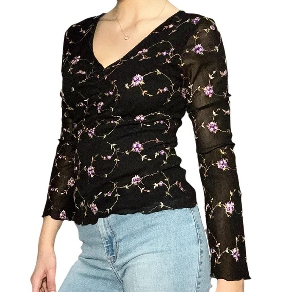 Black Sheer Bell Sleeve Top with Purple Embroidered Flowers - Picture 2 of 4